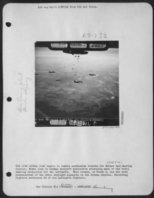 Consolidated > THE LIBS LETHAL LOAD begins to tumble earthwards toward the Erkner ball bearing factory, vital link in German aircraft production producing much of the total bearing production for the Luftwaffe. This attack, on March 8, was the most concentrated of