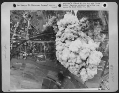 Thumbnail for Consolidated > Billowing white smoke soars skyward from the center of the Eschwege rail yards in Germany, 22 Feb 45, as U.S. 8th Air Force heavy bombers pounded the marshalling yards there.