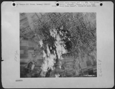 Thumbnail for Consolidated > GOTHA ATTACK---Concentration of bombs from U.S. 8th AF Boeing B-17 Flying Fortresses burst on and around the Gotha marshalling yards during yesterday's 6 Feb. 1945 attack by the First Air Division.