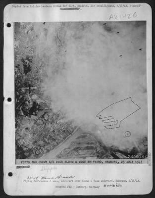 Consolidated > FIGHTERS VS. FORTS. Silhouette against the smoke pall over Hamburg are Flying Fortresses on the 8th Air Force and one lone Focke-Wulfe 190 far in the rear as they heavy bombers hammered another vital German target. This time following up the heavy