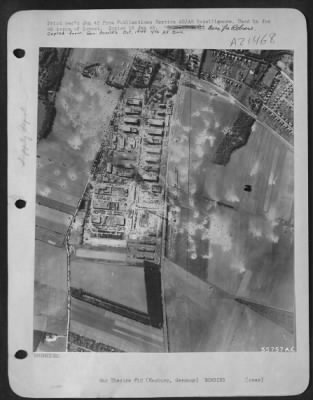 Thumbnail for Consolidated > Attack on Hamburg/Glinde ordnance depot on 6 Oct 44 nearly destroyed its three main ordnance buildings (1), did serious damage to three of twelve standard ramped buildings (2), destroyed smaller unidentified buildings (3). GERMANY.