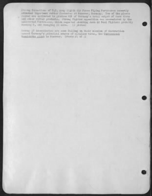 Consolidated > Strong formations of U.S. Army Eighth Air Force Flying Fortresses recently attacked important rubber factories at Hanover, Germany. Two of the plants raided are estimated to produce 80% of Germany's total output of aero tires and other rubber