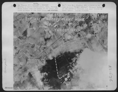 Thumbnail for Consolidated > Bombing synthetic Rubber plant, Huls, Germany. Cloud towers over one corner of the plant. The smoky splashes of the first bombs are visible.