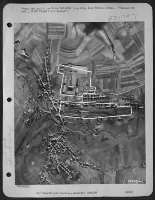 Thumbnail for Consolidated > German rail yard supply depot at Lebach, 12 miles north of Saarbrucken, Germany before bombing by First Tactical AF Martin B-26 Marauders.