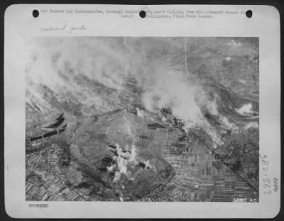 Consolidated > Fires rage in the rail marshalling yard area at Ludwigshafen near Mannheim, Germany 11/5/44, as U.S. 8th Air Force heavies bombed installations there. Repair shops, roundhouses and rolling stock were under the concentrations.