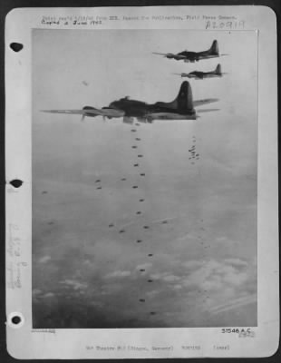 Thumbnail for Consolidated > With Bomb Bay Doors Open, The First Of A Large Formation Of Boeing B-17 Flying Fortresses Send Their Bombs Plummeting Earthwards On Rail Installations At Bingen, Germany, As Heavy Bombers Of Us 8Th Af Press Home Their Attack Of Dec. 29, 1944.