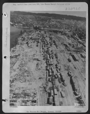 Thumbnail for Consolidated > Bingen Marshalling Yards In Shambles -- The Remains Of Germany'S Ruinous Aggressiveness Are Seen In All Parts Of The Country Which Sought More Territory.  Strategic Bombing By Us 8Th Af Boeing B-17 Flying Fortresses And Consolidated B-24 Liberators Left T