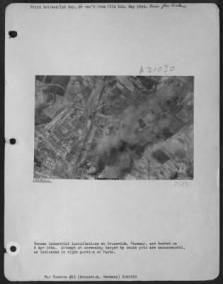 Thumbnail for Consolidated > German Industrial Installations At Brunswick, Germany Are Bombed On 8 Apr. 1944.  Attempt At Screening Target By Smoke Pots Are Unsuccessful, As Indicated In Right Portion Of Photo.  [Info Rec'D 11-09-90 From Fred. W. Rausholb, Who Is Familiar With The Fa