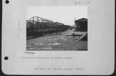 Thumbnail for Consolidated > Bomb Damaged Railroad Cars At Cologne, Germany.