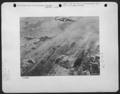 Thumbnail for Consolidated > Boeing B-17 "Flying Fortress" Approaching Target Area At Fallersleben, Germany On 11 Jan 1944.  Position Of The Cross Marks Are Approx. In The Center Of The Target Area.  Note The Smoke Screen.