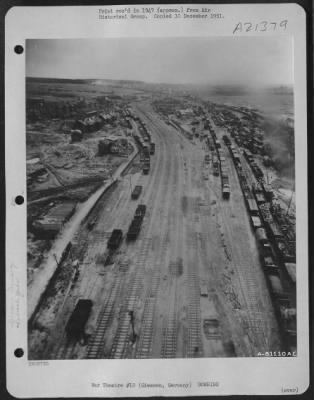 Thumbnail for Consolidated > Aerial View Of The Bomb Damaged Railroad Yards At Giessen, Germany.  9 May 1945.