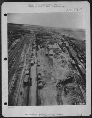 Thumbnail for Consolidated > Aerial View Of The Bomb Damaged Railroad Yards At Giessen, Germany.  9 May 1945.