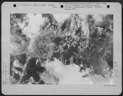 Thumbnail for Consolidated > Bombing Of The Marshalling Yards At Hamm, Germany By The Bombers Of 489Th Bomb Group On 10 Feb. 1944.  These Marshalling Yards Are The Largest In Germany.  Note Trails Left By Smoke Markers Dropped By The Lead Bombardier.