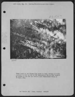 Thumbnail for Consolidated > Bombs Burst On The Marshalling Yards At Hamm Germany As Bombs Continue To Fall To Add To The Destruction During This Mission By Planes Of The 8Th Af'S 44Th Bombardment Group, 22 April 1944.