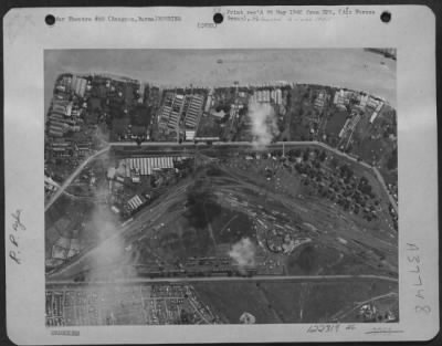 Thumbnail for Consolidated > Reconnaissance Picture Of The Malagon Marshalling Yards At Rangoon, Burma.  At Right-Center Is The Large Round-House.