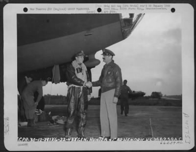Groups > Brig. General Frank O.D. Hunter Shakes Hands With Capt. Hendricks After Returning From The 381St Bomb Group'S First Mission Over Enemy Territory On 22 June 1943.  General Hunter Flew With The Group.
