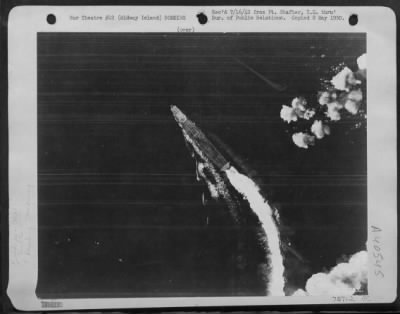 Thumbnail for Consolidated > Taken At Battle Of Midway, 4 June 1942, By 431St Bomb Sq., Lt. Colonel Walter C. Sweeney, Jr., Commanding, T/Sgt. Hastings, Photographer.  Altitude: 20,000 Feet, With 12 Inch Lens.  Scale: 1/3947.  Identification: Akagi (?)