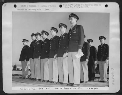 Thumbnail for Groups > Officers On Reviewing Stand - Officers Review Military Personnel Of Rosecrans Field Army Air Base, St. Joseph, Missouri, As They Pass By In Ceremonies Held At Rosecrans Field Army Air Base, St. Joseph, Missouri, On October 27, 1943. Left To Right, Colonel