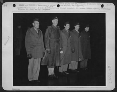 Thumbnail for Groups > Presentation Ceremony - L To R: Col George P. Tourtellot, General Bonesteel, Lt. Michael Joseph Ingelido, Lt. Thurman Fletcher Morrison, And Cpl. Polychron.