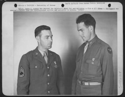 Thumbnail for Groups > Mather Field... Immediate Release... Two Men Were Awarded Citations By The War Department As Mather Field, Army Air Forces Advanced Flying School, Sacremento, On The Same Day. T/Sgt. James C. Bowers Was Awarded The Soldier'S Medal For Heroism For His Brav