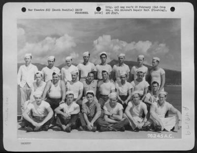 Thumbnail for Groups > Cook And Laundry Personnel Of The 6Th Aircraft Repair Unit (Floating) Pose For The Photographer Aboard Ship Somewhere In The Pacific. 7 September 1945.