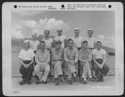 Groups > Headquarters And Chaplain Personnel Of The 6Th Aircraft Repair Unit (Floating) Pose For The Photographer Aboard Ship Somewhere In The Pacific. 7 September 1945.