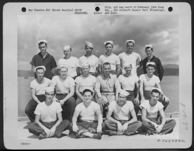 Thumbnail for Groups > Oxygen And Ordnance Personnel Of The 6Th Aircraft Repair Unit (Floating) Pose For The Photographer Aboard Ship Somewhere In The Pacific. 7 September 1945.