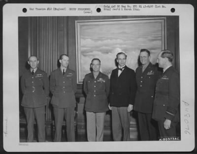 Groups > Major General Lewis H. Brereton Gathers With Dignitaries After Being Awarded An Honorary Knighthood In London, England.  The Men Are, Left To Right: Air Vice Marshal Wigglesworth, Air Marshal Drummond, General Brereton, Sir Archibald Sinclair, Brig. Gener