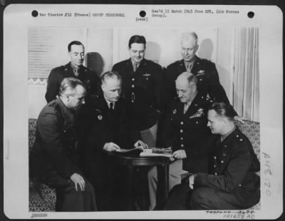 Groups > High-Ranking Generals Of The Recently Formed Franco-American 1St Tactical Air Force At Informal Meeting.  Seated Left To Right:  General Paul Serardor, Commanding 1St French Air Force; General Rene Bouscat, Inspector General; Major General Ralph Royce, Of