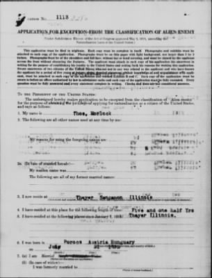 Thumbnail for Old German Files, 1909-21 > APPLICATION FOR EXCEPTION FROM THE CLASSIFICATION OF ALIEN ENEMY (#356177)