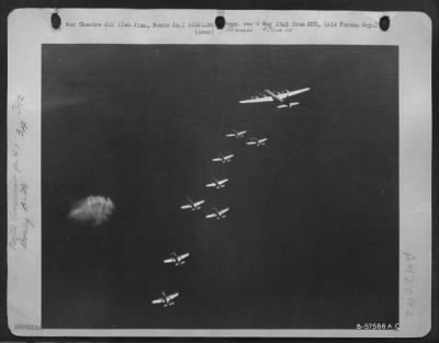 Thumbnail for North American > North American P-51 Mustangs Fighters Escorting Boeing B-29 Superfortresses.  Iwo Jima.