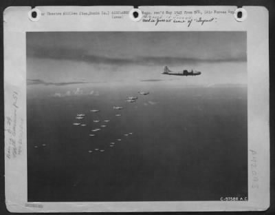 North American > North American P-51 Mustangs Fighters Escorting Boeing B-29 Superfortresses.  Iwo Jima.