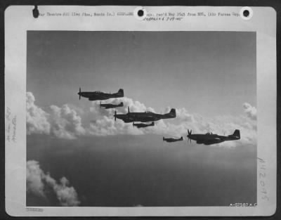 North American > North American P-51 Mustang Fighters Escorting Boeing B-29 Superfortresses. Iwo Jima.