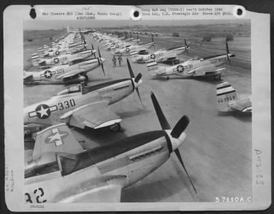 Thumbnail for North American > Pictorial Proof Of A Bad Jap Dream Come True Is This Hornet'S Nest Of More Than 100 North American P-51 Mustangs On Iwo Jima Within Range Of The Japanese Homeland. Once Japanese Planes Parked Here, Ready For Assaults On Saipan'S Boeing B-29 Base. Now The