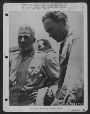 Thumbnail for General Twining > Brig. Gen. Nathan F. Twining, Commanding General Of The 13Th Af At Espiritu Santo, New Hebrides (Left) And His Chief Of Staff, Colonel Glen C. Jamison Shortly After Their Recue By A Navy Pby Somewhere In The Coral Sea.  Gen. Twining And His Combat Flight