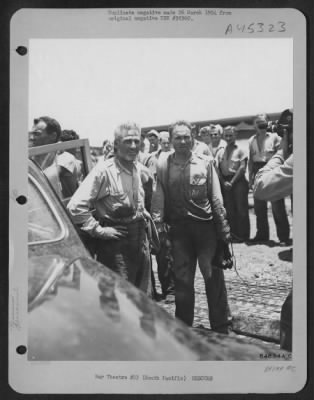 Thumbnail for General Twining > Brig Gen. Nathan F. Twining, Commanding General Of The 13Th Af At Espiritu Santo, New Hebrides (Left) And His Chief Of Staff, Colonel Glen C. Jamison Shortly After Recue By A Navy Pby Somewhere In The Coral Sea. Gen Twining And His Combat Flight Party Had