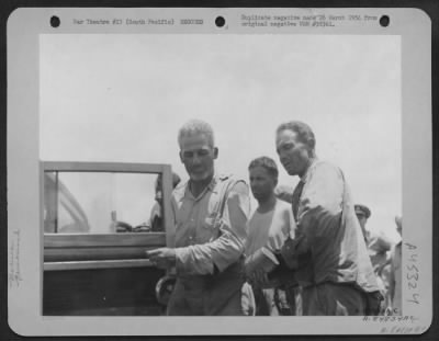 Thumbnail for General Twining > Brig Gen. Nathan F. Twining, Commanding General Of The 13Th Af At Espiritu Santo, New Hebrides (Left) And His Chief Of Staff, Colonel Glen C. Jamison Shortly After Recue By A Navy Pby Somewhere In The Coral Sea. Gen Twining And His Combat Flight Party Had