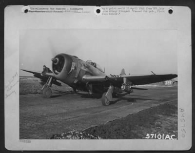 Thumbnail for ␀ > A Bomb-Laden, Rocket-Equipped Republic P-47 Thunderbolt Moves Down Taxi Strip As A 1St Tac Af Fighter Squadron Takes Off On A Mission To Strafe, Bomb And Blast With Rockets, Pressing Home Their Devastating Air Offensive Against All Enemy Targets In The Pa