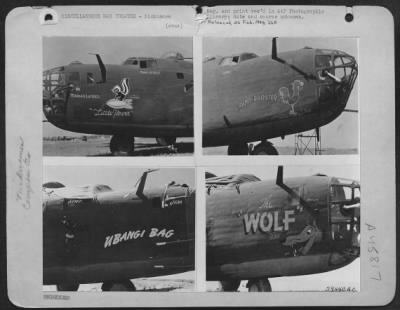 Thumbnail for ␀ > Composite Photo Of Nicknames On Consolidated B-24S.  'Little Flower', 'Ramp Rooster', 'Ubangi Bag', And 'The Wolf'.  China-Burma-India.