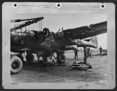 ␀ > This Northrop P-61 Black Widow Landed Blinded On Iwo Jima, Suffering Only A Flat Tire, Until Another Northrop P-61, Also Landing Blind, And Carried Off Line By Cross Wind, Landed On Top Of It With This Result.