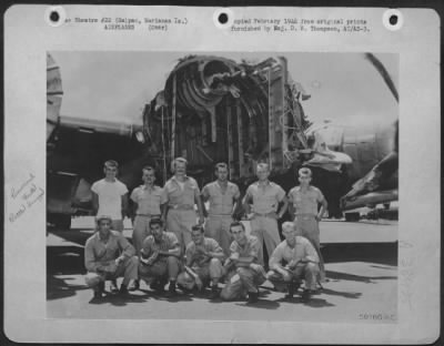 Thumbnail for Consolidated > The B-29 Takes It!  Capt. James Pearson And His Crew Of The 881St Bomb Sqd., 500Th Bomb Gp., 73Rd Bomb Wing Based On Saipan, Brought This Plane In From Tokyo Over 1500 Miles Of Water Thru Adverse Weather And Darkness With Two Engines Out On One Side.  The