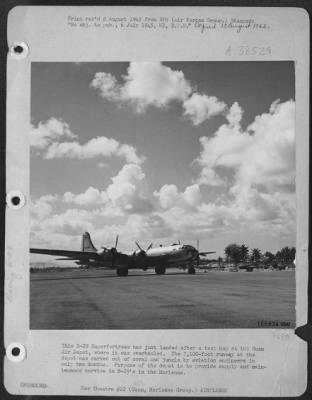 Thumbnail for Consolidated > This B-29 Superfortress Has Just Landed After A Test Hop At The Guam Air Depot, Where It Was Overhauled.  The 7,100-Foot Runway At The Depot Was Carved Out Of Coral And Jungle By Aviation Engineers In Only Two Months.  Purpose Of The Depot Is To Provide S