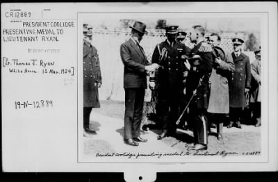 Thumbnail for 1924 > President Coolidge presenting medal to Lieutenant Thomas J. Ryan, White House