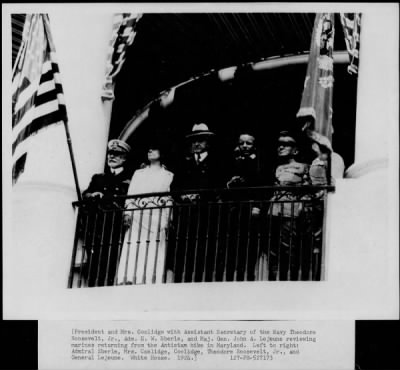 Thumbnail for 1924 > President and Mrs. Coolidge with Roosevelt, Eberle and Lejeune reviewing Marines