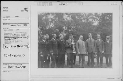 Thumbnail for 1926 > Pres. Coolidge presenting Herbert Schiff Memorial trophy to Capt. Campbell, USMC