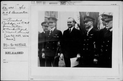 Thumbnail for 1927 > Pres. Coolidge, Cdr. Byrd and Mach. Bennett after presentation of Congressional Medal of Honor