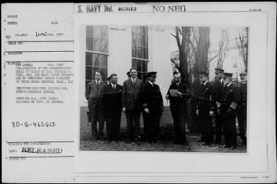 Thumbnail for 1927 > Pres. Coolidge, Cdr. Byrd and Mach. Bennett after presentation of Congressional Medal of Honor