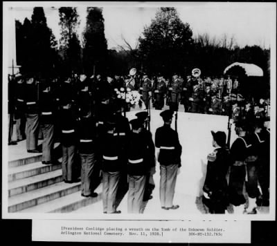 Thumbnail for 1928 > Pres. Coolidge placing a wreath at Tomb of Unknown Soldier, Arlington National Cemetery