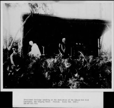 1928 > Pres. Coolidge speaking at dedication of the Edward Bok bird sanctuary