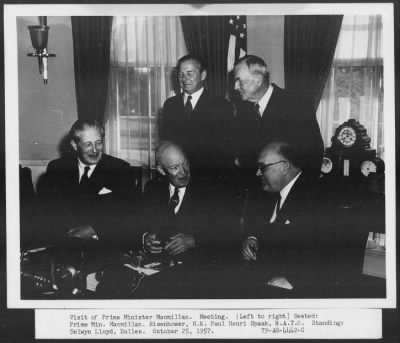 1957 > Prime Minister Macmillan, H. E. Paul Henri Spaak, Selwyn Lloyd and Dulles